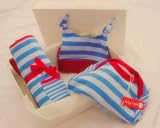 Redeclipse gift box with Toby Tiger Cotton pale blue stripe sleepsuit, hat and blanket 6-12mths with Redeclipse gift tag and ribbon