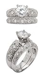 Heirloom Antique Reproduction Style Sterling Silver Engagement or Wedding Band Ring Set with a 7mm Brilliant Round White Clear CZ Cubic Zirconia Boxed (Size 6,7,8,9)