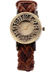 AMPM24 Bronze Hollow Ladies Women Weave Wrap Coffee Leather Bracelet Quartz Wrist Watch WAA545
