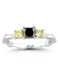 0.45 Cts Black Diamond & 0.36 Cts Yellow Sapphire Ring in 14K White Gold