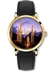 SPRAWL Aanalog Fashion Series Gold Ladies Watches of Genuine Black Leather Strap,Unique Wrist Watch for Women Girls Designed with Cactus with lights