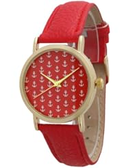 Womens Geneva Multi Anchor Design Gold Trim Leather Watch - Red
