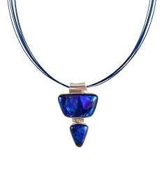 Necklace / Pendant - XP-40 - Genuine Handmade Dichroic Glass Pendant Hung on a 16" Stainless Steel Royal Blue Colored Multi-Strand Cord + 2" Extension Chain ~ .925 Sterling Silver