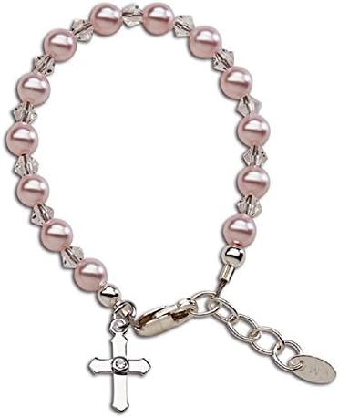 Girls Bracelet, Size Large, 6-12 Years, Beautiful keepsake bracelet with pink Imitation pearls and crystals accented with a dainty silver cross - perfect for christenings and First communion with a touch of pink! "A keepsake she will cherish Forever"
