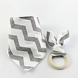 2枚セット オーガニックコットン/歯固め木製リング 赤ちゃんのトライアングル よだれかけ /シェブロン バンダナ ママ授乳ジュエリー? お手てにピッタリブレスレット[食品レベル][BPAフリー?]グレ