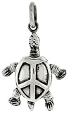 Sterling Silver Oxidized Turtle Pendant, w/ Peace sign, 3/4 (19mm) tall