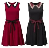 Ladies Womens Pleated Tie Belt Skater Shift Dress in Black & Red S/M-M/L