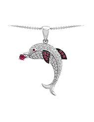Original Star K (tm) Love Dolphin Pendant With Round Created Ruby in 925 Sterling Silver