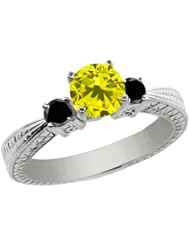 1.04 Ct Round Canary and Black Diamond 14K White Gold 3-Stone Ring