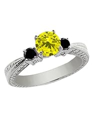 1.04 Ct Round Canary and Black Diamond 18K White Gold 3-Stone Ring