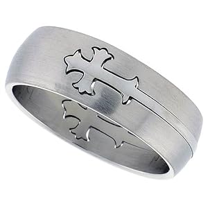 Stainless Steel 5/16 in. (8 mm) Dome Gothic Cross Ring, size 9