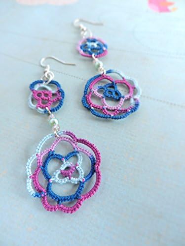 Raspberry, Pink, Wedgewood Blue and Country Turquoise Lace Roses Earrings with Mint Czech Glass Pearls and Opaque Pink Beads - Silver Plated
