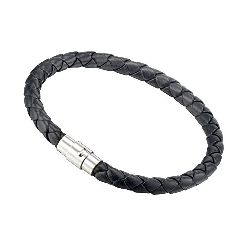 Gemini New Braided Genuine Leather Cuff Bracelets Great Valentine s Day Gifts For Men, Women, Teens, Boys, Girls Wristband, Stainless Steel Clasp, Colour Silve, Width 6Mm, Length 7.5 Inch Gm001 (With Gift Bag) , Color: Black
