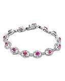 ClassicDiamondHouse Simulated Ruby Cubic Zirconia {C.Z.} Diamond Oval Link Silver Bracelet (Super Special, Free Gift Included)