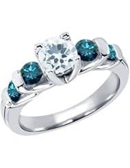 1.63 Ct Round Sky Blue Aquamarine Blue Diamond 14K White Gold Ring