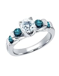 1.63 Ct Round Sky Blue Aquamarine Blue Diamond 18K White Gold Ring