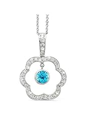 Open Carnation Floral Diamond Pendant With A Round Center Stone In 18K White Gold With A 0.60 ct. Genuine Blue Topaz Center Stone.