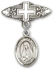 Sterling Silver Baby Badge with St. Martha Charm and Badge Pin with Cross