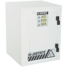 Justrite 24004 Safety Cabinet for Corrosive Liquids, 1 Door, Six 2-1/2 Liter bottles, 22"Height, 17"Width, 17"Depth, Polyethylene, White