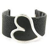 Textured Black Leather Bangle with Sterling Silver Heart - 8.5