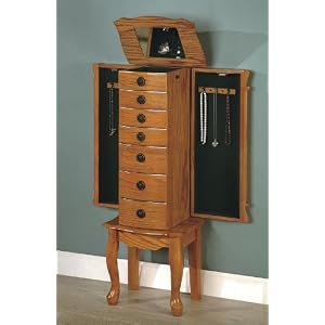 Classic Oak Finish Jewelry Storage Armoire with Mirror
