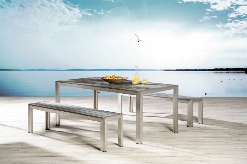 SEATTLE Set 2 Bänke und 1 Tisch Aluminium mit Edelstahl- und Holzoptik wetterfest Best Möbel