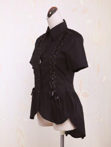 AvaLolita Women's Black Short Sleeve Bottons Lace Up Front Lolita Blouse, Black, Small