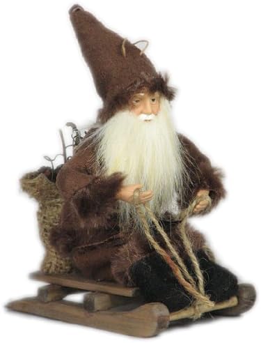 7" Christmas Brown Woodland Santa Sitting on Wooden Sled Ornament - D00763