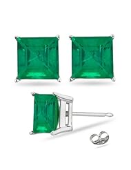 1/4 (0.21-0.27) Cts of 3 mm AAA Square Step Cut Natural Emerald Stud Earrings in 14K White Gold