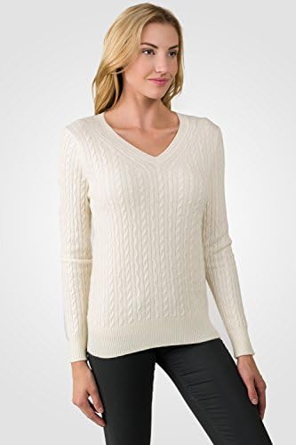 J CASHMERE Women's 100% Cashmere Long Sleeve Pullover Cable-knit V-neck Sweater Cream Medium