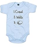 (１：ハイハイ　２：歩く　３：ラグビー) 1: Crawl 2: Walk 3: Rugby, プリント　ベビースーツ - ライト　ブルー/黒 3-6 ヶ月