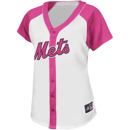 MLB Women's New York Mets Short Sleeve 5 Button Synthetic Replica Baseball Jersey (White/Pink Splash, Medium)