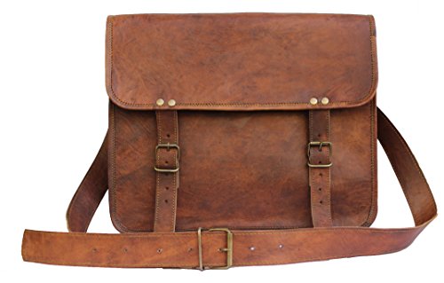 Leather Bags Now 14” Inches Classic Adult Unisex Cross Shoulder 100% Genuine Leather Messenger Laptop Briefcase Bag Satchel Brown image