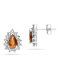 6X4mm Pear Shaped Citrine and Diamond Flower Earrings in 14k White Gold