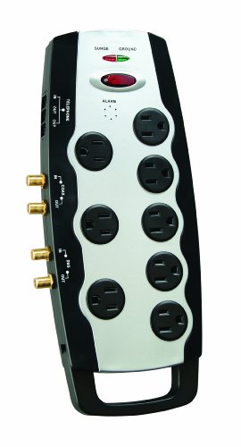 Coleman Cable 04649 8-Outlet Home Theater Surge Protector with Dual Coax Protection and Sliding Outlet Covers, with 6-Ft Cord