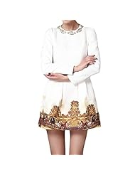 Vintage Beaded Lace Pleated Polyester Puff Sleeves Fit-and-Flare General Print Empire   Waistline Mini Dress 