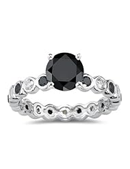 1.50 Cts Black & White Diamond Ring in 14K White Gold {DIAMOND APPRAISAL INCLUDED}
