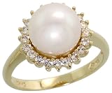 10k Gold Cluster Ring, w/ Brilliant Cut White Sapphire Stones & 9.5mm White Pearl, 1/2 in. (13mm) wide