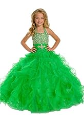 Girls Organza Halter Backless Crystals Beaded Lace Crystal Sequined Floor Length Flower-Girl Dress/Pageant Dress 