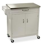 Kitchen Island Cart-Stainless Steel Top-White (White) (34H x 34.65W x 17.78D)