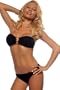 Black Sexy Two Piece Low Cut Ring Bandeau Womens Bikini Swimsuit, Large