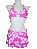 3pc Bikini Swimsuit, Halter, Green or Pink Floral, Skirt Cover-up Wrap
