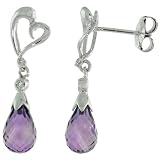 10k White Gold Heart Cut Out and Amethyst Earrings, w  Brilliant Cut Diamonds, 1 1 16 in. (27mm)...