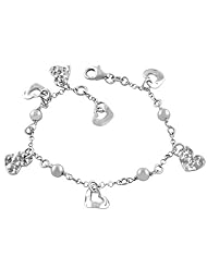 Sterling Silver Alternate Hammered Heart and Open Heart Charms Bracelet (7.5 inch)