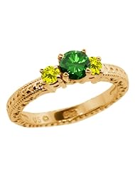0.79 Ct Round Green and Canary Diamond 18K Yellow Gold 3-Stone Ring
