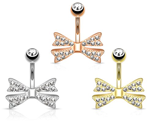 Bow Tie Belly Ring Belly Button Ring 316L Surgical Steel 14g Gold/Rhodium Plated