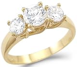 Search : Solid 14k Yellow Gold 3 Three Stone Engagement Large CZ Cubic Zirconia Ring Round Cut 2.0 ct