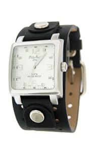 Philip Persio P-139 Premium Black Wide Leather Cuff Strap Square Silver Watch