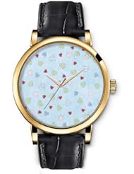SPRAWL Aanalog Fashion Series Gold Ladies Watches of Genuine Black Leather Strap,Unique Wrist Watch for Women Girls Designed with Various colorful hearts