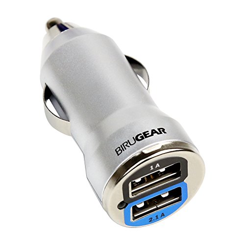 BIRUGEAR Metallic Silver 2-Port Dual USB Car Charger Adapter - 2A For Samsung Galaxy S5 / S V Android Cell Phone